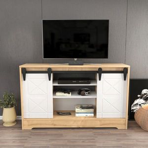 Comoda TV, Retricy, Nisay, 140x35x85 cm, PAL, Safir / Alb imagine