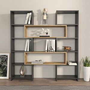 Corp biblioteca, Zena Home, Poyraz, 163.5x150x22 cm, PAL, Negru / Stejar imagine