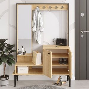Dulap cu pantofar, cuier si oglinda Andy, Emerald, 114x35x170 cm, PAL, natural imagine