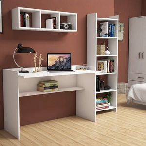 Birou cu biblioteca si raft de perete Hera, Almaren, 118x58x80 cm, PAL, alb imagine