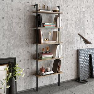 Biblioteca, Hadley, Piante 541HDL1310, 60 x 174 x 22 cm, pal melaminat, nuc/negru imagine