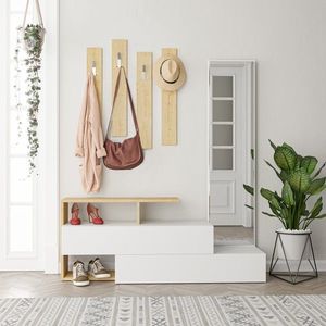 Set mobilier pentru hol 3 piese, Decortie, Ramda, pal melaminat, alb/stejar imagine