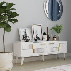 Comoda TV, Olivia, Moda, 150 x 53.2 x 35 cm, pal melaminat, alb/auriu imagine