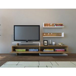 Comoda TV cu 2 rafturi, Decorotika, Ayaz, pal melaminat, alb/stejar imagine