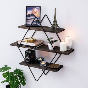 Raft pentru perete, Cerritos, Erysimum, 60 x 40 x 15 cm, lemn de molid/metal, negru/nuc imagine
