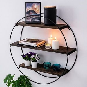 Raft pentru perete, Cerritos, Tulipa, 60 x 60 x 15 cm, lemn de molid/metal, negru/nuc imagine