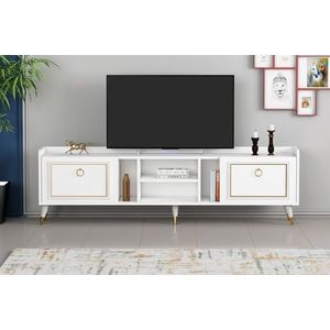 Comoda TV, Coraline, Rudy v2, 180x55x35 cm, Alb/Auriu imagine