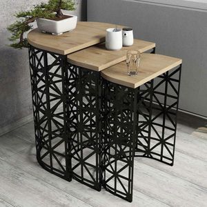 Set masute 3 piese, Hommy Craft, Stil Metal Ferforje, Stejar / Negru imagine