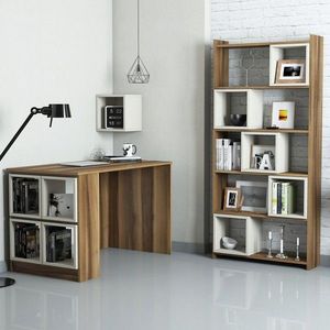Set birou si biblioteca, Hommy Craft, Box, 120x75x65 cm, Maro/Crem imagine