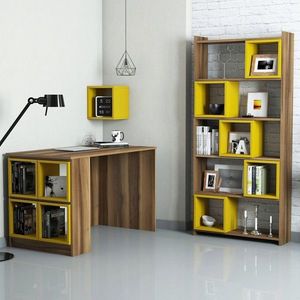 Set birou si biblioteca, Hommy Craft, Box, 120x75x65 cm, Nuc / Galben imagine