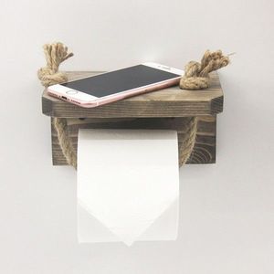 Suport pentru hartie igienica cu raft, Evila Originals, 17x10x10 cm, lemn de molid, maro imagine