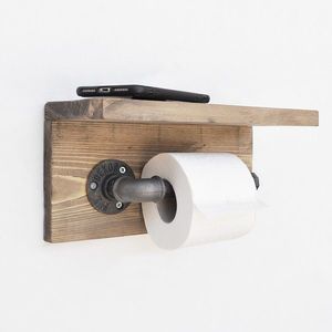 Suport pentru hartie igienica cu raft, Evila Originals, 30x12x14 cm, lemn de molid, maro/negru imagine