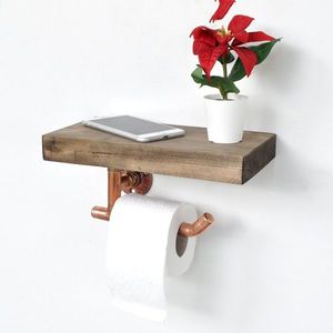 Suport pentru hartie igienica cu raft, Evila Originals, 30x14x15 cm, lemn de molid, maro imagine