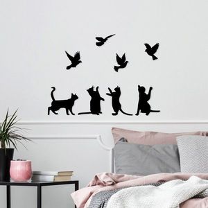 Decoratiune de perete, Birds Playing With Cats, Metal, Dimensiune: 110 x 79 cm, Negru imagine