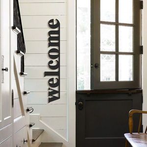 Decoratiune de perete, Welcome, Otel, 18 x 98 cm, Negru imagine