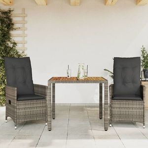 vidaXL Set bistro de grădină cu perne, 3 piese, gri, poliratan imagine