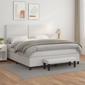 vidaXL Pat box spring cu saltea, alb, 160x200 cm, piele ecologică imagine