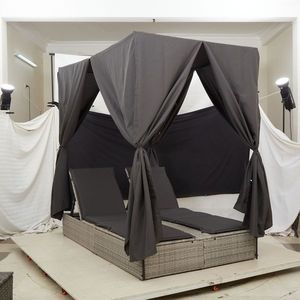 vidaXL Lounger dublu cu acoperiș și perdele Gri deschis din ratan sintetic imagine