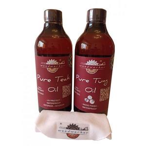 Pachet intretinere lemn masiv, interior, exterior, Dual Pack, Pure Tung Oil, 500ml, Pure Teak Oil, 500ml, laveta bumbac, food safe, woodworker imagine