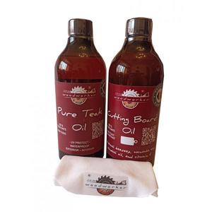 Pachet intretinere lemn masiv, interior, exterior, Dual Pack, Pure Teak Oil, 500ml, Cutting Board Oil, 500ml, laveta bumbac, woodworker imagine