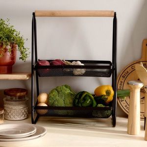 Cos fructe etajat cu 2 niveluri, Gridio, Homla, 38x25x51 cm, metal/lemn, negru/natur imagine