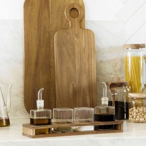 Set 4 recipiente pentru condimente si suport, Carlos, Homla, 33.5x8.5x3.5 cm, lemn/sticla, maro/transparent imagine