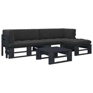 vidaXL Set mobilier paleți cu perne, 4 piese, negru, lemn pin tratat imagine