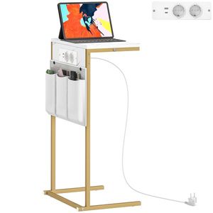 HOMCOM Măsuță de Sufragerie în Formă de C cu Efect de Marmură și Porturi USB, Albă | Aosom Romania imagine