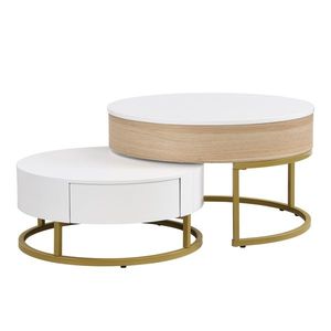 Set de Măsuțe de Cafea Suprapozabile Reglabile pe Înălțime cu Două Sertare, Design Elegant din MDF, 70x70x42/56, 5 + 60x60x24 cm, Alb imagine
