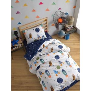 Lenjerie de pat pentru o persoana, SpaceX - Dark Blue, EnLora Home, 80% bumbac / 20% poliester imagine