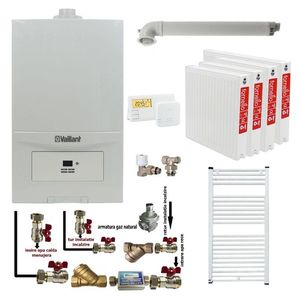 Pachet apartament cu 3 camere, Centrala termica in condensatie Vaillant ecoTEC Pure VUW 236/7-2, 23 kw, murala, afisaj digital, schimbator caldura inox, kit de evacuare, calorifere otel, termostat si fitinguri montaj imagine