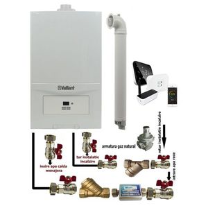Pachet Centrala termica in condensatie Vaillant ecoTEC Pure VUW 236/7-2, 23 kw, murala, afisaj digital, schimbator caldura inox, kit de evacuare, termostat Salus IT 500 si fitinguri montaj imagine