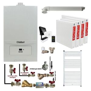Pachet apartament cu 3 camere, Centrala termica in condensatie Vaillant ecoTEC Pure VUW 236/7-2, 23 kw, murala, afisaj digital, schimbator caldura inox, kit de evacuare, calorifere otel, termostat Salus IT 500 si fitinguri montaj imagine