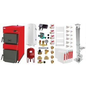 Pachet Centrala pe combustibil solid ​Sunsystem Burnit NWB 35 kW, cos inox, calorifere, boiler termoelectric, vas expansiune, pompa circulare, controller pompa, fitinguri montaj imagine