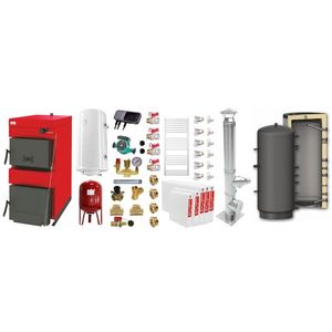 Pachet Centrala pe combustibil solid ​Sunsystem Burnit NWB 35 kW, puffer, cos inox, calorifere, boiler termoelectric, vas expansiune, pompa circulare, controller pompa, fitinguri montaj imagine