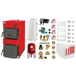 Pachet Centrala pe combustibil solid ​Sunsystem Burnit NWB 45 kW, calorifere, boiler termoelectric, vas expansiune, pompa circulare, controller pompa, fitinguri montaj imagine