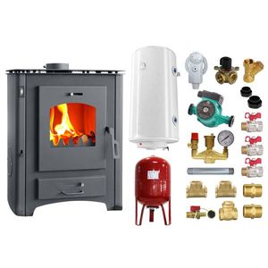 Pachet Termosemineu pe lemne, brichete si carbune Fornello B Max ER, Black, 24-26 kW, Boiler, Vas expansiune, Pompa si Fitiguri imagine