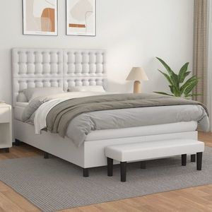 vidaXL Pat box spring cu saltea, alb, 140x200 cm, piele ecologică imagine