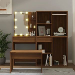 vidaXL Set de masă de toaletă cu LED, stejar maro, lemn prelucrat imagine