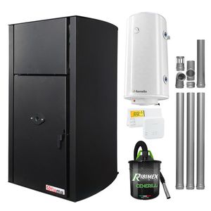 Pachet Centrala pe peleti Fornello Fiama Confort B 30 kW, cu pompa, vas expansiune, automatizare, boiler, termostat, aspirator, kit evacuare 3.5 ml, buncar 35 kg, tiraj fortat, culoare black, pana la 200 mp imagine