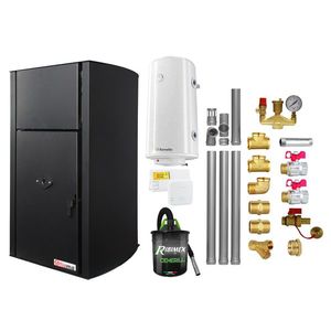 Pachet Centrala pe peleti Fornello Fiama Confort B 30 kW, cu pompa, vas expansiune, automatizare, boiler, termostat, aspirator, kit evacuare 3.5 ml, fitinguri, buncar 35 kg, tiraj fortat, culoare black, pana la 200 mp imagine