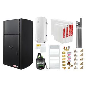Pachet Centrala pe peleti Fornello Fiama Confort B 30 kW, cu pompa, vas expansiune, automatizare, radiatoare otel, boiler, termostat, aspirator, kit evacuare 3.5 ml, fitinguri, buncar 35 kg, tiraj fortat, culoare black, pana la 200 mp imagine