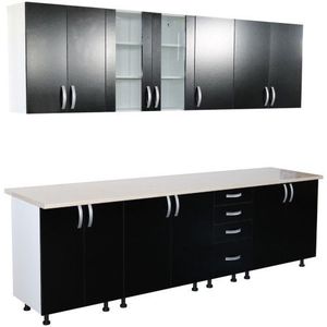 Bucatarie Zebra 260 cm din PAL Negru cu blat termoizolant alb/bej imagine