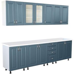 Bucatarie Zebra 260 cm din MDF Albastru cu blat termoizolant alb imagine