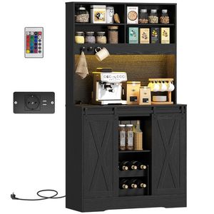 HOMCOM Bufet de Bucătărie cu Suport pentru Sticle, Priză și Iluminare LED, Negru | Aosom Romania imagine