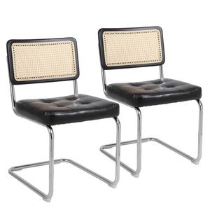 Set de 2 scaune de prânz din ratan, spătar din plasă fără brațe, picioare din metal cromat, Negru imagine