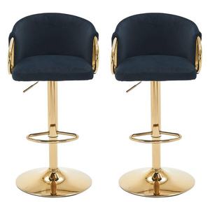 Set de 2 scaune de bar moderne, rotative și reglabile pe înălțime, cu spătar și suport pentru picioare auriu, pentru bucătărie, bar și tejghea de restaurant, Negru imagine