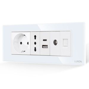 Priza Schuko + Ingusta + Dubla USB + TV + Internet cu Rama Din Sticla LUXION, Standard Italian, 6M imagine