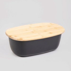 Cutie pentru paine Nores, Homla, 37x22x14 cm, plastic/lemn, negru/natur imagine