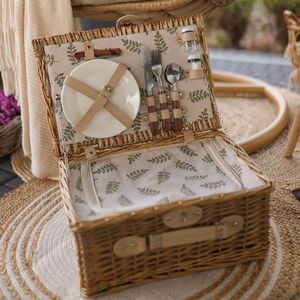 Cos de picnic 2 persoane Lorenzo, Homla, 38x26x18 cm, rachita/inox, natur/verde imagine